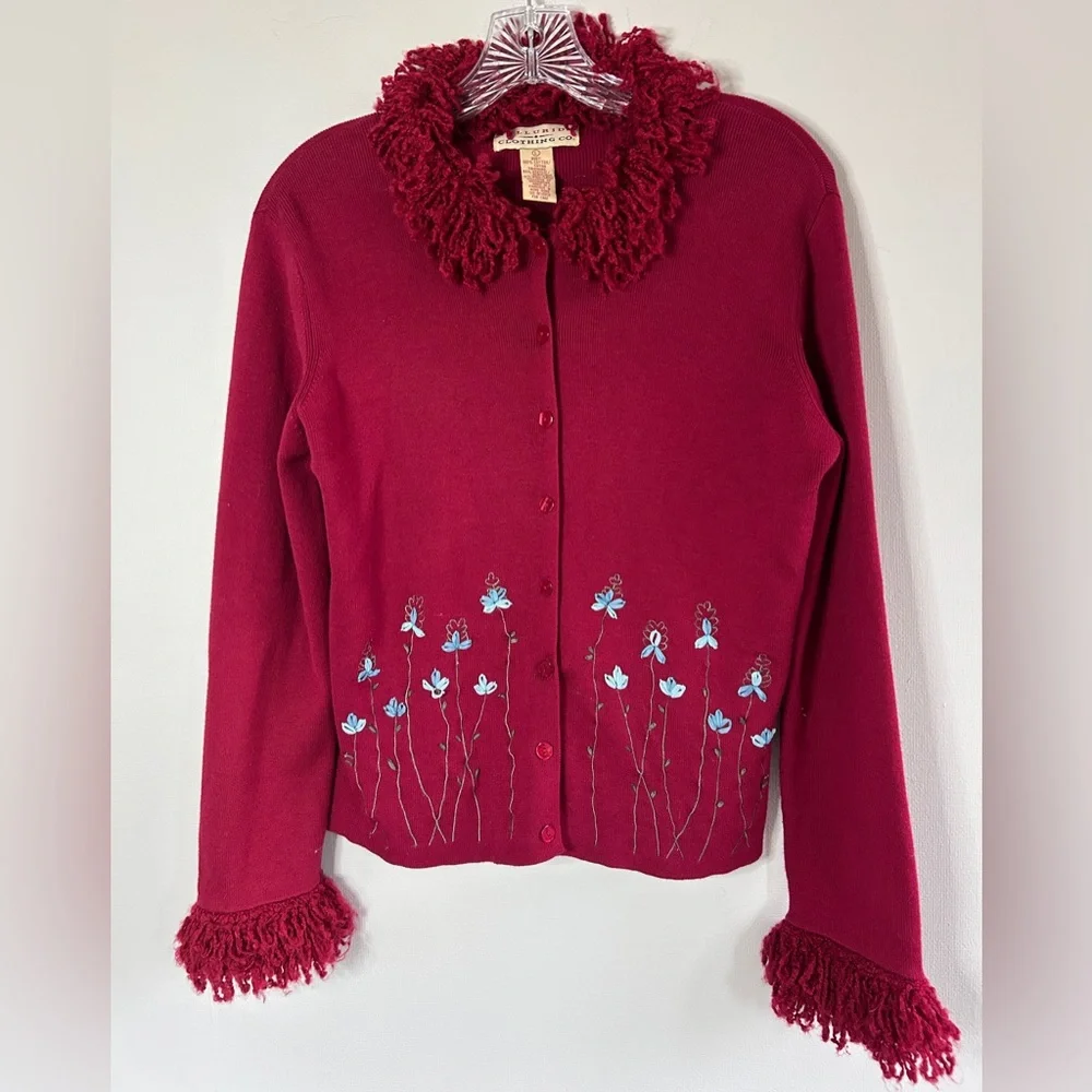 Y2K TELLURIDE 90s Fringe Trim 3D Floral Cardigan Sweater Whimsigoth Boho Size L